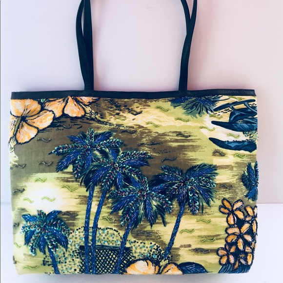 Christiana Beaded Bag Palm Trees and Hibiscus EUC - Picture 2 of 7